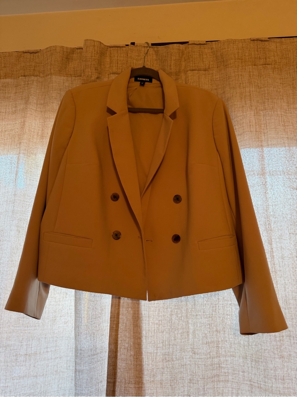 Express Cropped Double-Breasted Blazer in Camel Brown